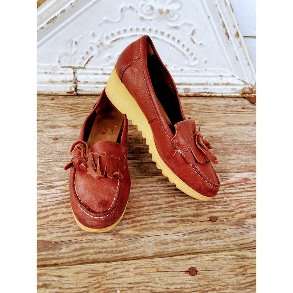 Vintage 1970s Womens Leather Chunky Heel Wedge Loafer size 7